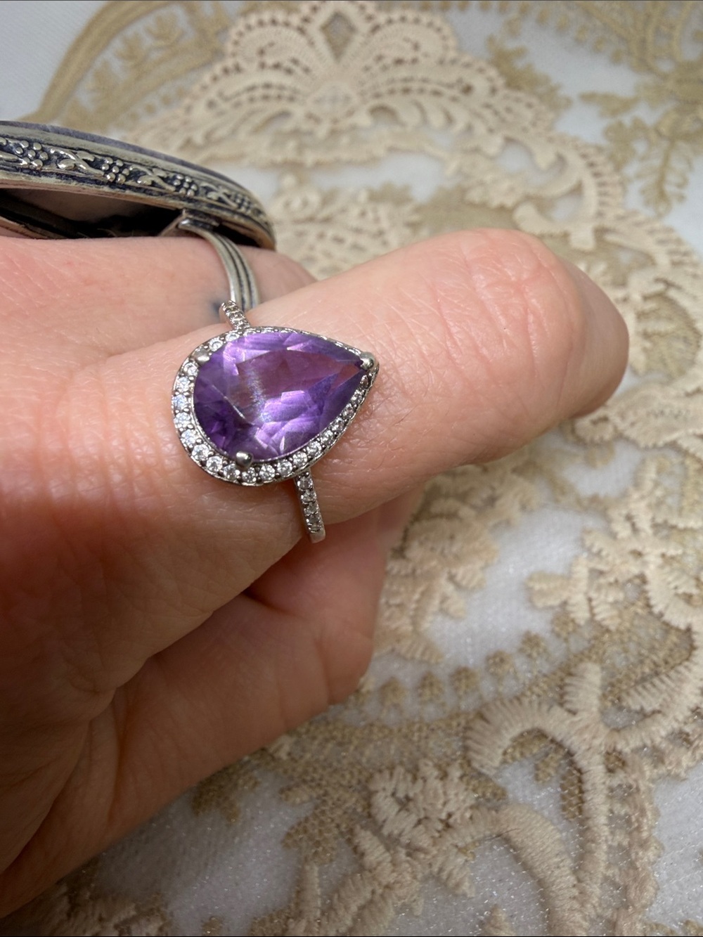 Estate 2 CT Genuine Amethyst S925 Sterling Silver Pavé Halo Ring Dainty Band